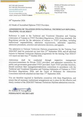A letter to all Heads of Accredited Diploma TVET Providers