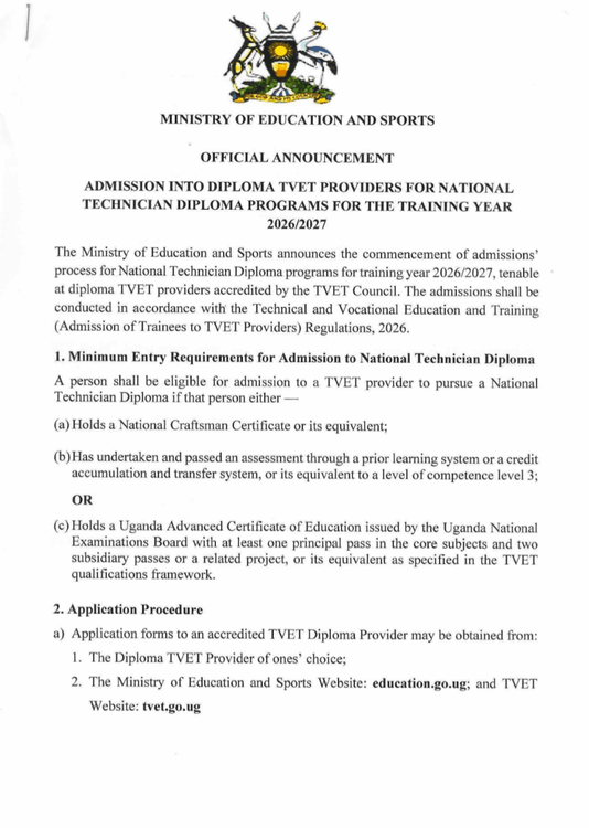 Admission into Diploma TVET Providers for National Technician Diploma Programs for the Training Year 2026/2027